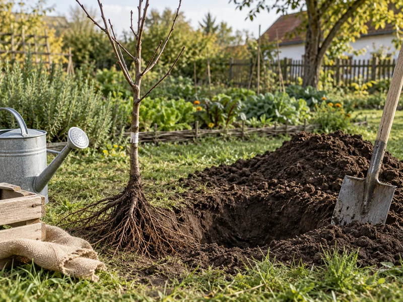 Fiatal szabadgyökerű gyümölcsfa szétterített gyökerekkel egy földkupac mellett.