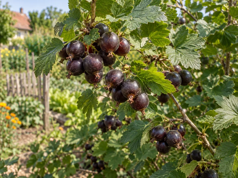 Sötétlila jostabogyók egy leveles, tövistelen bokron.