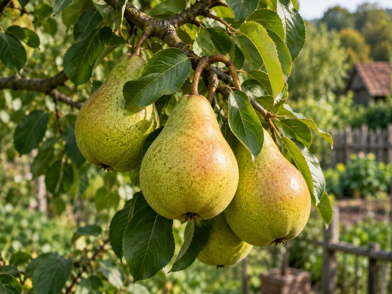 Zöldessárga körték egy leveles ágon.