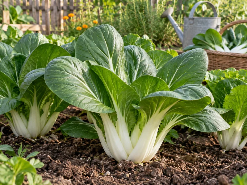 Pak choi fehér levélnyelekkel és sötétzöld levelekkel.