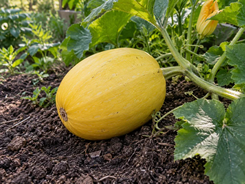 Ovális sárga spagettitök a földön, indája mellett.