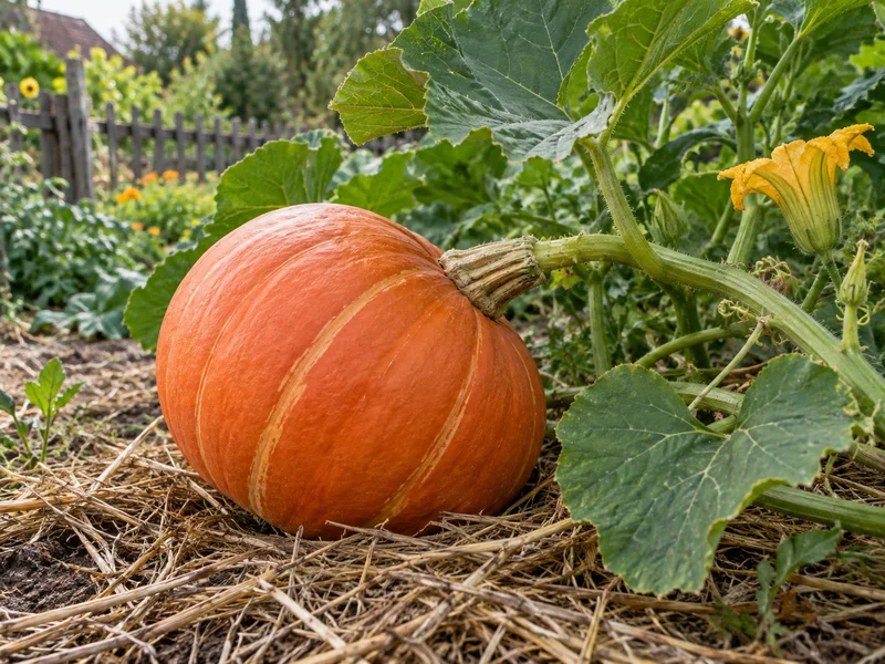 Narancssárga sütőtök szalmán, indák mellett.