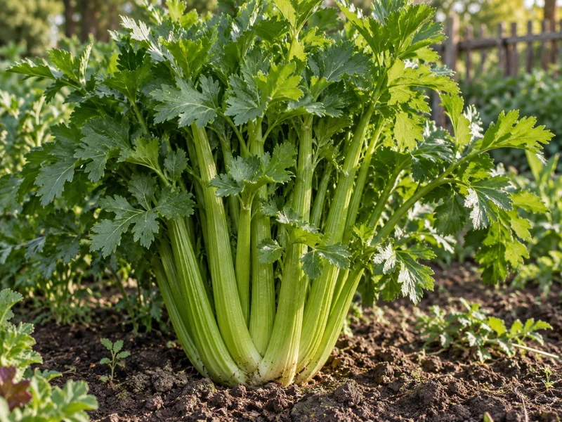 Szárzeller vastag, egymás mellett álló zöld levélnyelekkel.